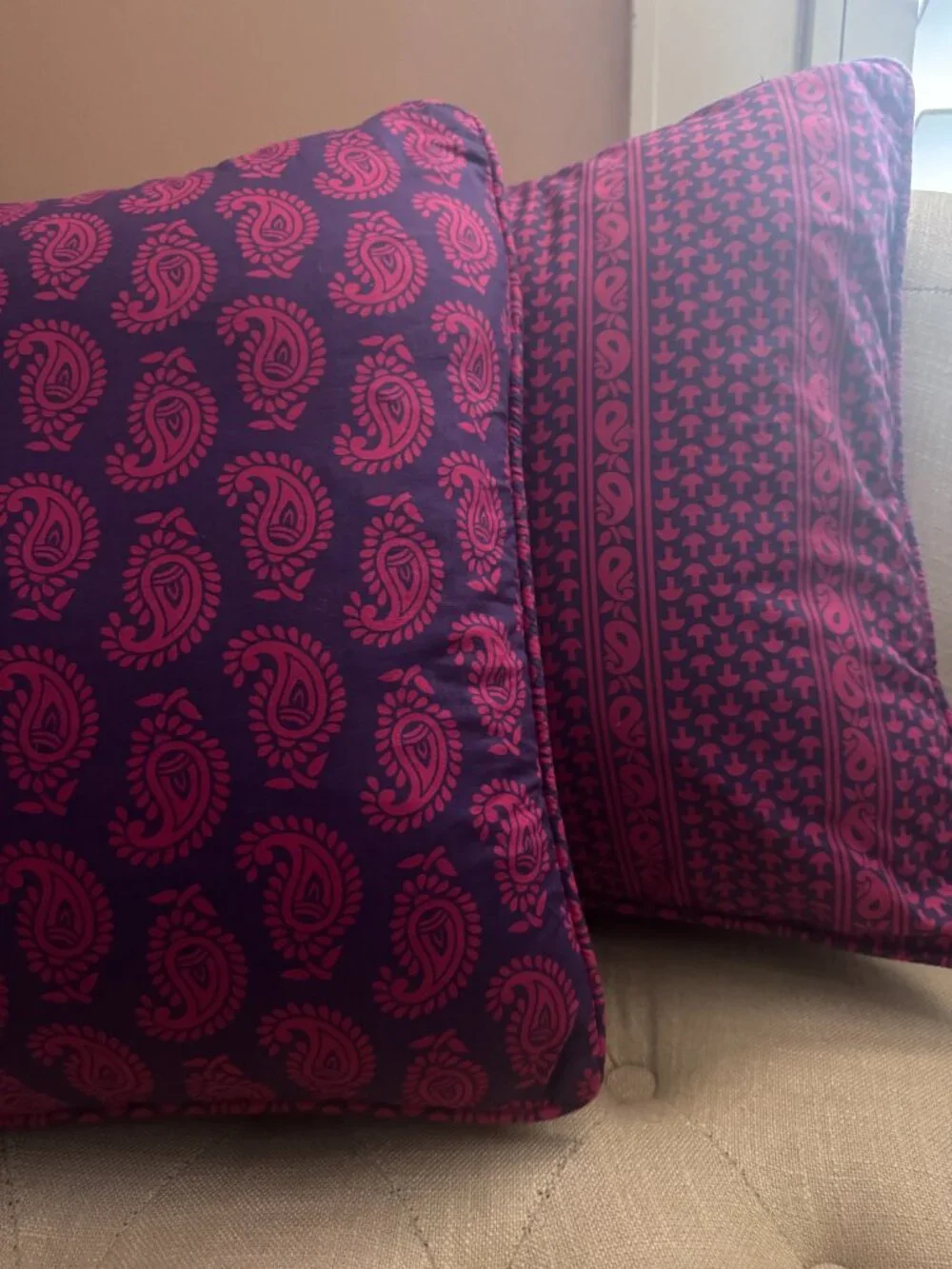 Vintage Indian Cotton Cushion Covers, Pink Purple Paisley Print (18x18)